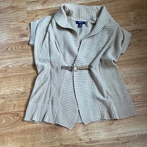 Chaps Beige Short-Sleeve Ribbed Sweater Cardigan with Buckle